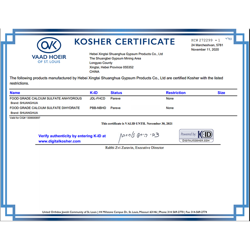 Cosher certificate calcium sulfate food grade